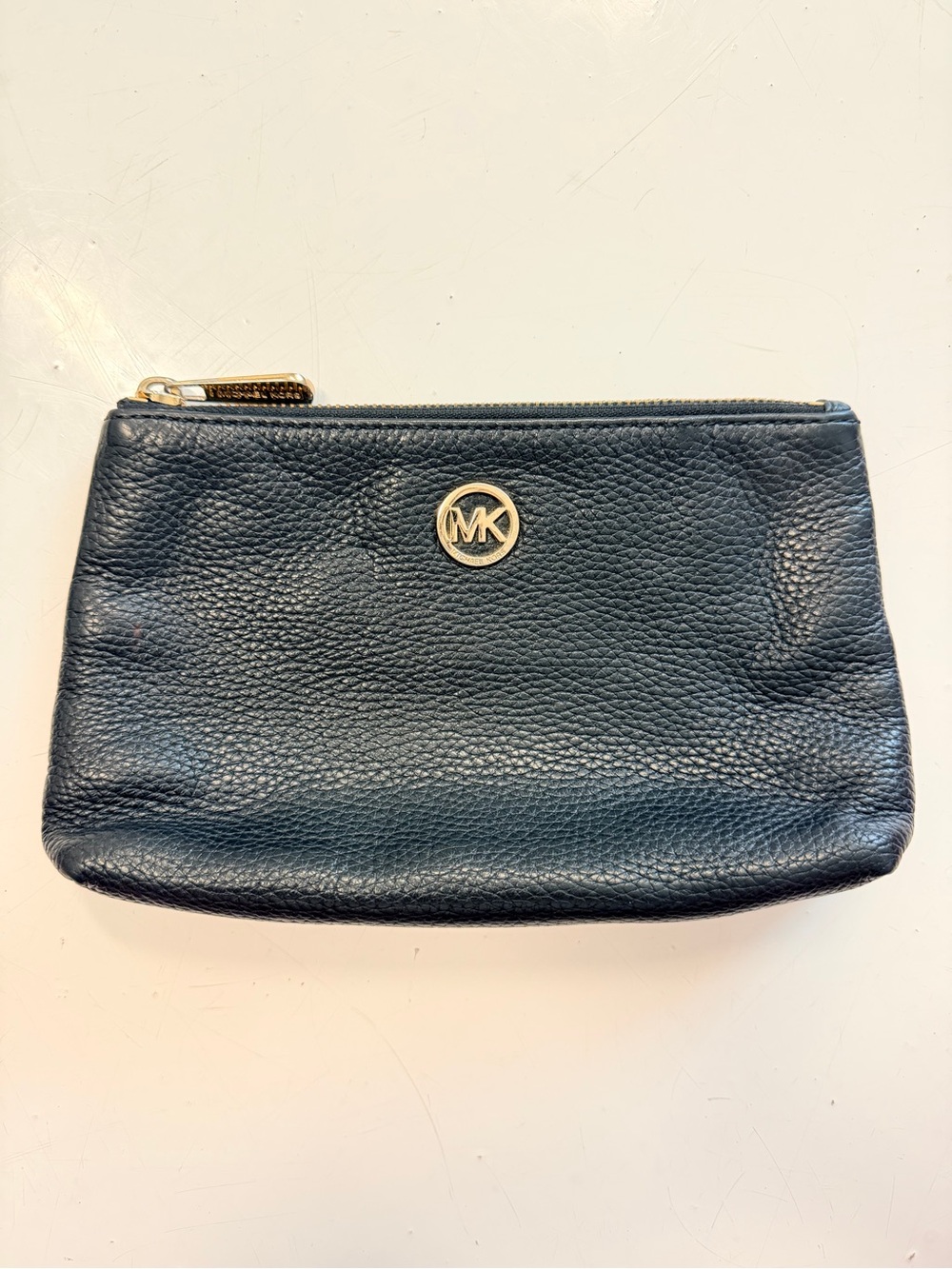 Michael Kors Navy Pebbled Leather Toiletry Pouch with Gold Hardware